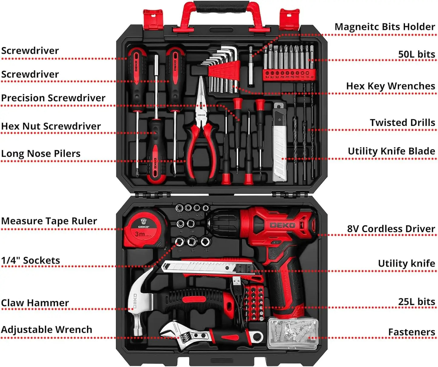 DEKO Small Repair Tool Kit with Electric Drill & Screwdriver