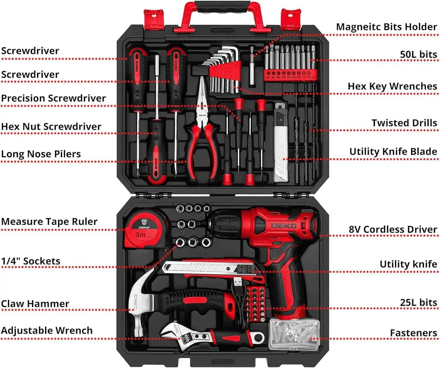 DEKO Small Repair Tool Kit with Electric Drill & Screwdriver